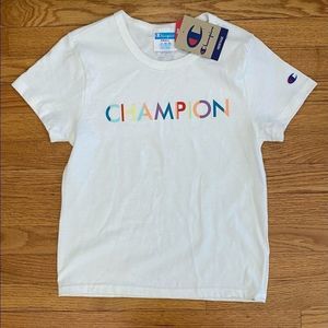 Champion Tshirt Women’s Small White/Multicolor Slim Fit Tee Athleisure New